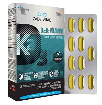 Zade Vital D3 + K2 Vitamini İçeren Takviye Edici Gıda 30 Yumuşak Kapsül