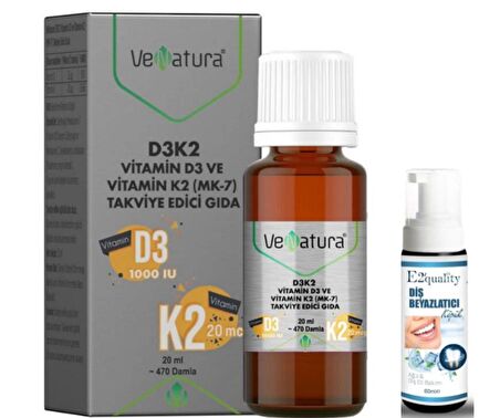 VeNatura D3K2 Vitamin D3 Ve Menaquinon 7 Takviye Edici Gıda 20 ml - Diş Beyazlatıcı Köpük Hediye