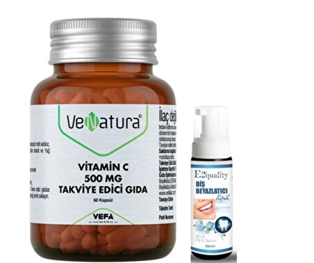 VeNatura Vitamin C 500 MG Takviye Edici Gıda 60 Kapsül - Diş Beyazlatıcı Köpük Hediye