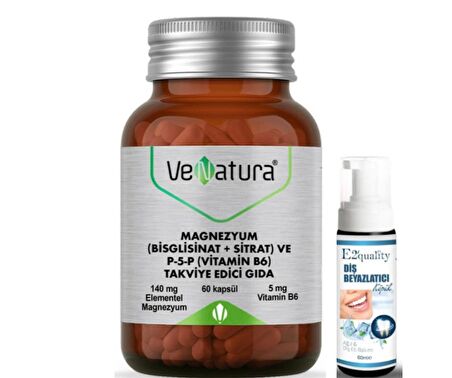 VeNatura Magnezyum (Bisglisinat+Sitrat) ve P5P (Vitamin B6) 60 Kapsül - Diş Beyazlatıcı Köpük Hediye 