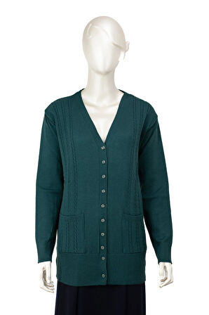 Oppland Kadın Kışlık Örgü Desenli Düğmeli Çift Cepli Uzun Kol Likralı Kardelen Dokuma Anne Hırka