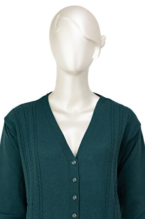 Oppland Kadın Kışlık Örgü Desenli Düğmeli Çift Cepli Uzun Kol Likralı Kardelen Dokuma Anne Hırka