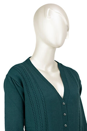 Oppland Kadın Kışlık Örgü Desenli Düğmeli Çift Cepli Uzun Kol Likralı Kardelen Dokuma Anne Hırka