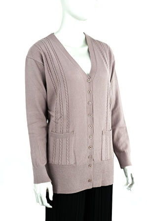 Oppland Kadın Kışlık Örgü Desenli Düğmeli Çift Cepli Uzun Kol Likralı Kardelen Dokuma Anne Hırka