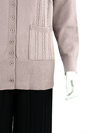 Oppland Kadın Kışlık Örgü Desenli Düğmeli Çift Cepli Uzun Kol Likralı Kardelen Dokuma Anne Hırka