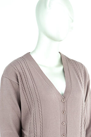 Oppland Kadın Kışlık Örgü Desenli Düğmeli Çift Cepli Uzun Kol Likralı Kardelen Dokuma Anne Hırka