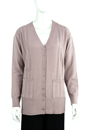 Oppland Kadın Kışlık Örgü Desenli Düğmeli Çift Cepli Uzun Kol Likralı Kardelen Dokuma Anne Hırka