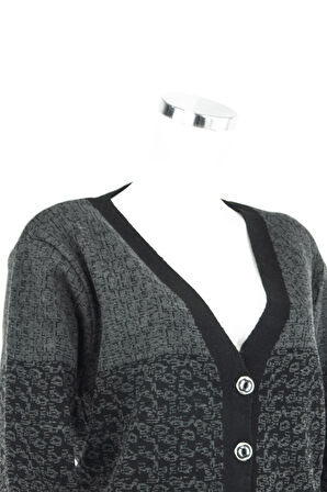 Oppland Kadın Füme Kışlık Motifli Çift Cepli Önü Düğmeli Normal Kesim Likralı Yünlü Kumaş Anne Hırka