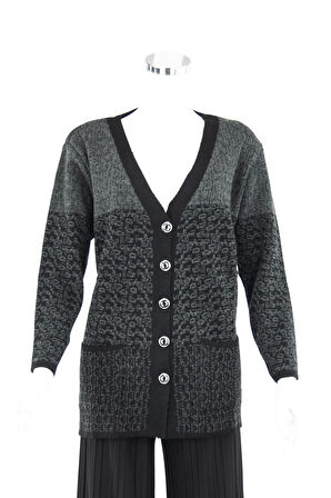 Oppland Kadın Füme Kışlık Motifli Çift Cepli Önü Düğmeli Normal Kesim Likralı Yünlü Kumaş Anne Hırka