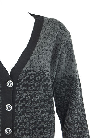 Oppland Kadın Füme Kışlık Motifli Çift Cepli Önü Düğmeli Normal Kesim Likralı Yünlü Kumaş Anne Hırka