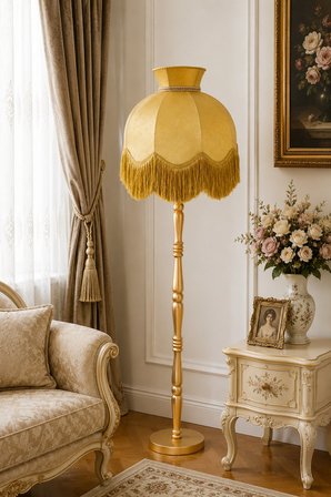 Büyük Boy Taçlı Gold Kadife Başlık Gold Ahşap Ayaklı Lambader Vintage Model 170x50cm