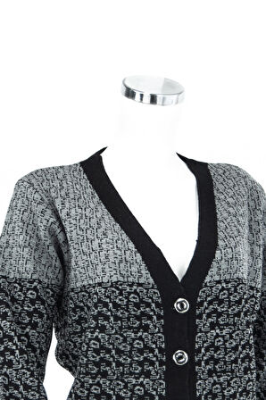 Oppland Kadın Gri Kışlık Motifli Çift Cepli Önü Düğmeli Normal Kesim Likralı Yünlü Kumaş Anne Hırka