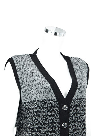 Oppland Kadın Gri Kışlık Motifli Düğmeli Cepli Normal Kesim Likralı Yünlü Dokuma Kumaş Anne Yelek