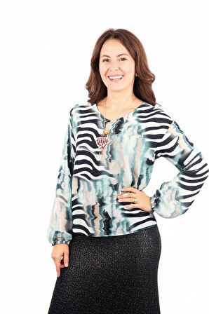 Oppland Kadın Klasik Şifon Anne Bluz Viskoz Kumaş Deniz Desenli Kolyeli Uzun Kollu Astarlı Tam Kalıp