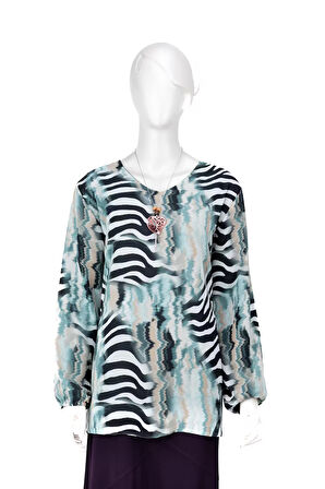 Oppland Kadın Klasik Şifon Anne Bluz Viskoz Kumaş Deniz Desenli Kolyeli Uzun Kollu Astarlı Tam Kalıp