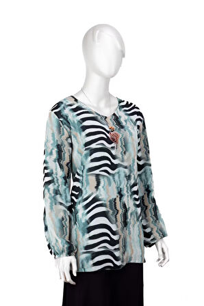 Oppland Kadın Klasik Şifon Anne Bluz Viskoz Kumaş Deniz Desenli Kolyeli Uzun Kollu Astarlı Tam Kalıp