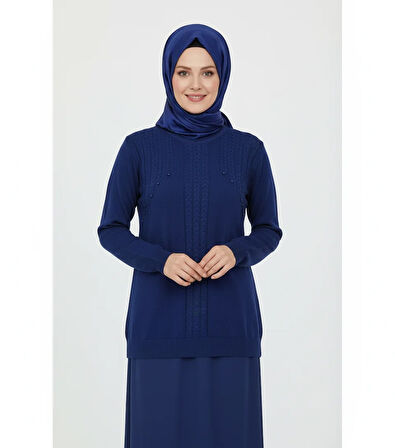 Oppland Kadın Kışlık Triko Kazak Bisiklet Yaka Boncuk Detaylı Motifli Rahat Tam Kalıp