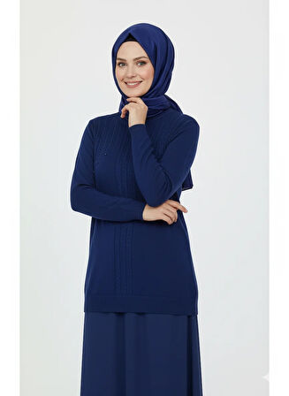 Oppland Kadın Kışlık Triko Kazak Bisiklet Yaka Boncuk Detaylı Motifli Rahat Tam Kalıp