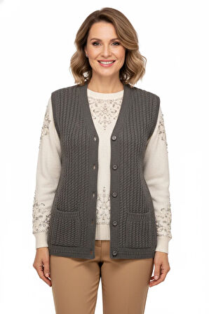 Oppland Kadın Kışlık Pamuklu Triko Klasik Örme Anne Yelek Düğmeli Çift Cepli Rahat Kesim Likralı