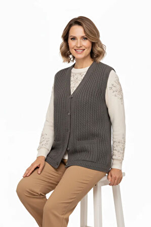 Oppland Kadın Kışlık Pamuklu Triko Klasik Örme Anne Yelek Düğmeli Çift Cepli Rahat Kesim Likralı