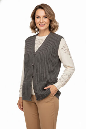 Oppland Kadın Kışlık Pamuklu Triko Klasik Örme Anne Yelek Düğmeli Çift Cepli Rahat Kesim Likralı