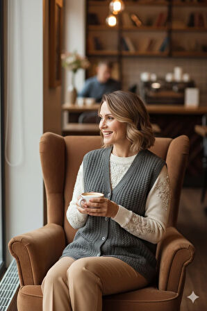 Oppland Kadın Kışlık Pamuklu Triko Klasik Örme Anne Yelek Düğmeli Çift Cepli Rahat Kesim Likralı