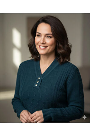 Oppland Kadın Kışlık Triko Kazak Kardelen Örme V Yaka Yumuşacık Rahat Tam Kalıp