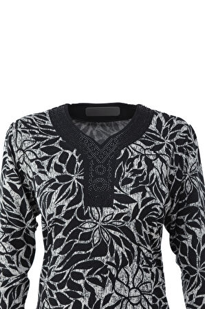 Oppland Kadın Anne Boydan Elbise Viskon Kumaş Taşlı ve Simli V Yaka Saraylı Model Rahat Tam Kalıp