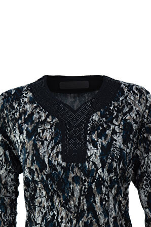 Oppland Kadın Anne Boydan Elbise Viskon Kumaş Taşlı ve Simli V Yaka Saraylı Model Rahat Tam Kalıp