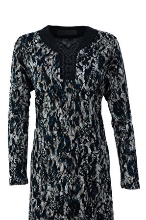 Oppland Kadın Anne Boydan Elbise Viskon Kumaş Taşlı ve Simli V Yaka Saraylı Model Rahat Tam Kalıp