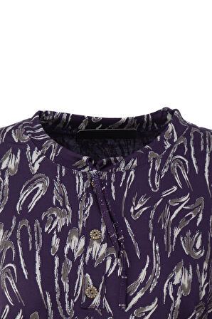 Oppland Kadın Bluz Viskon Penye Kumaş Bağcık Yakalı Simli Model Uzun Kollu Likralı Rahat Tam Kalıp