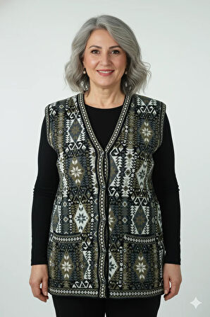 Oppland Kadın Kışlık Anne Yelek Pamuklu Triko Örme Etnik Desenli Cepli Düğmeli Rahat Tam Kalıp