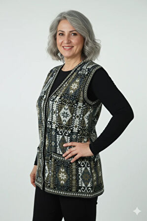 Oppland Kadın Kışlık Anne Yelek Pamuklu Triko Örme Etnik Desenli Cepli Düğmeli Rahat Tam Kalıp