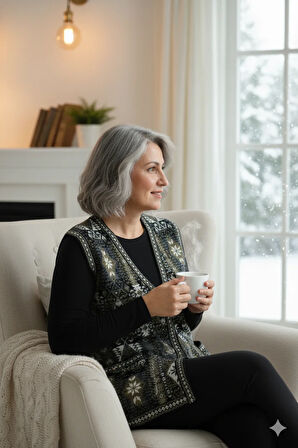 Oppland Kadın Kışlık Anne Yelek Pamuklu Triko Örme Etnik Desenli Cepli Düğmeli Rahat Tam Kalıp