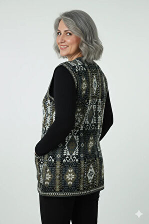 Oppland Kadın Kışlık Anne Yelek Pamuklu Triko Örme Etnik Desenli Cepli Düğmeli Rahat Tam Kalıp