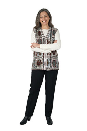 Oppland Kadın Kışlık Anne Yelek Pamuklu Triko Örme Etnik Desenli Cepli Düğmeli Rahat Tam Kalıp