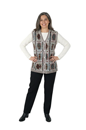 Oppland Kadın Kışlık Anne Yelek Pamuklu Triko Örme Etnik Desenli Cepli Düğmeli Rahat Tam Kalıp