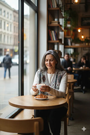 Oppland Kadın Kışlık Anne Yelek Pamuklu Triko Örme Etnik Desenli Cepli Düğmeli Rahat Tam Kalıp