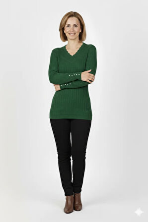 Oppland Kadın Kışlık Anne Kazak V Yaka Pamuklu Kardelen Örme Esnek Rahat Kesim Tam Kalıp