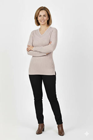 Oppland Kadın Kışlık Anne Kazak V Yaka Pamuklu Kardelen Örme Esnek Rahat Kesim Tam Kalıp