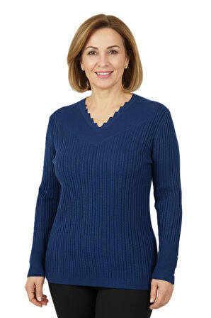 Oppland Kadın Kışlık Anne Kazak V Yaka Pamuklu Kardelen Örme Esnek Rahat Kesim Tam Kalıp