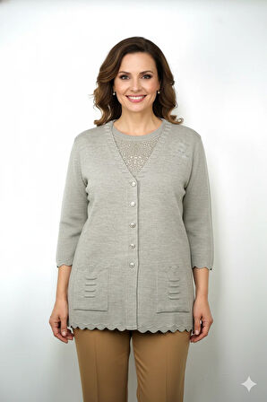 Oppland Kadın Anne Hırka Premium Pamuklu Doku Çift Cepli Önü Düğmeli Şık ve Zarif Dalga Motifli