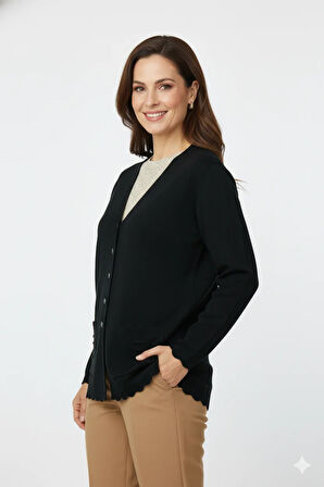 Oppland Kadın Anne Hırka Premium Pamuklu Doku Çift Cepli Önü Düğmeli Şık ve Zarif Dalga Motifli