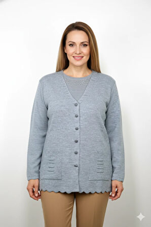 Oppland Kadın Anne Hırka Premium Pamuklu Doku Çift Cepli Önü Düğmeli Şık ve Zarif Dalga Motifli