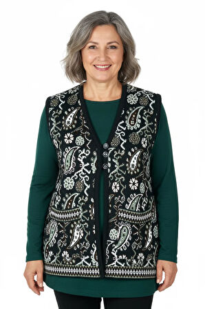 Oppland Kadın Kışlık Anne Yelek Pamuklu Triko Örme Anadolu Desenli Cepli Düğmeli Rahat Tam Kalıp