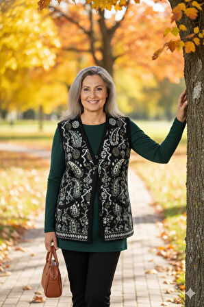 Oppland Kadın Kışlık Anne Yelek Pamuklu Triko Örme Anadolu Desenli Cepli Düğmeli Rahat Tam Kalıp