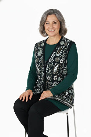 Oppland Kadın Kışlık Anne Yelek Pamuklu Triko Örme Anadolu Desenli Cepli Düğmeli Rahat Tam Kalıp