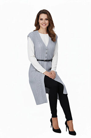 Oppland Kadın Pamuklu Rölaks Örme Anne Yelek V Yaka Sanat Motifli Delikli Üç Düğmeli Likralı