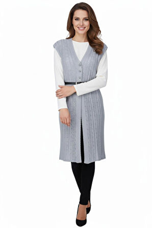 Oppland Kadın Pamuklu Rölaks Örme Anne Yelek V Yaka Sanat Motifli Delikli Üç Düğmeli Likralı