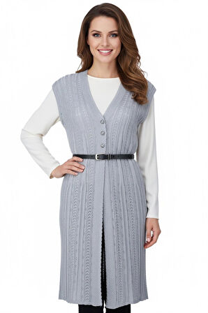 Oppland Kadın Pamuklu Rölaks Örme Anne Yelek V Yaka Sanat Motifli Delikli Üç Düğmeli Likralı